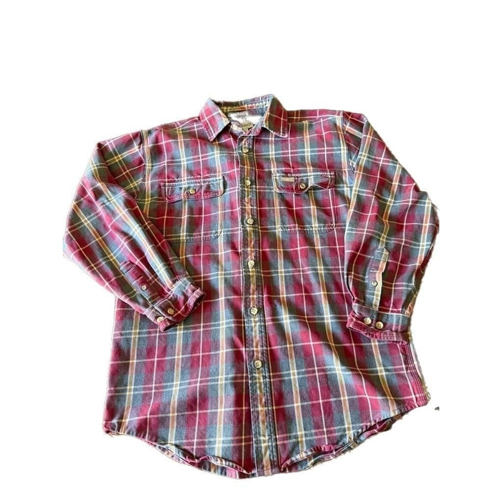 Carhartt Men's Red and Grey Plaid Long Sleeve Button-Up Flannel Shirt
